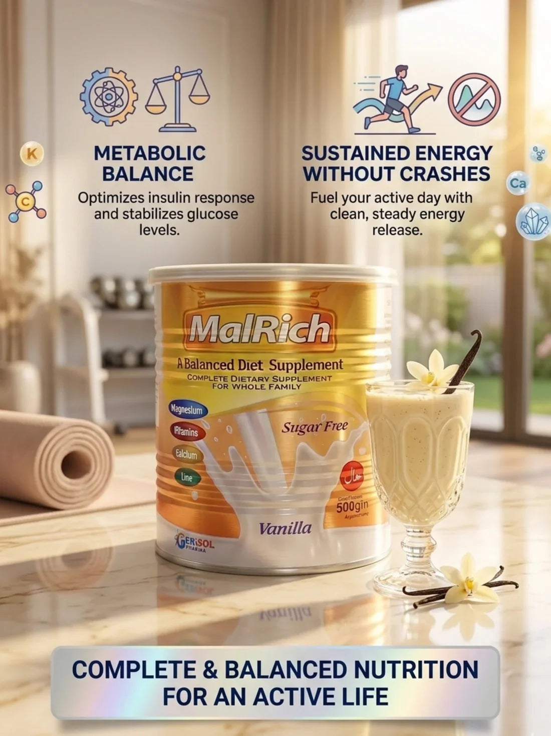 MalRich Sugar Free Balanced Diet Supplement Powder - Vanilla Flavour (500g)